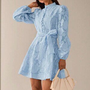 Baby Blue Elegant Women's A-Line Puff Sleeve Short Dress with Stand Collar